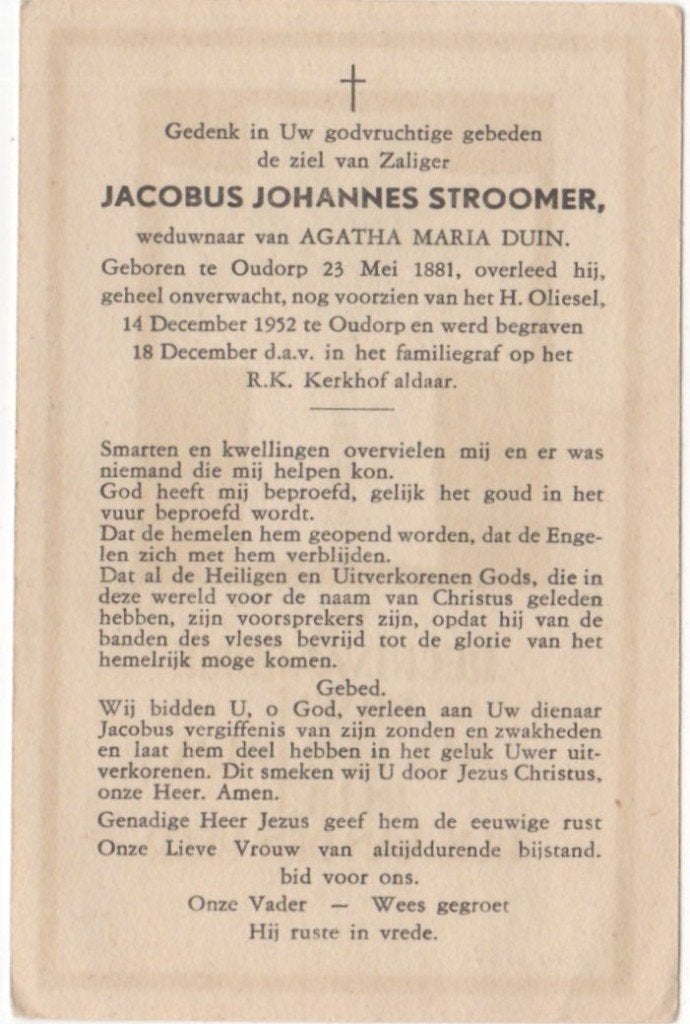 Jacobus J. Stroomer 1881 Oudorp + 1952 Oudorp, 71 jaar oud, Ophalen of Verzenden