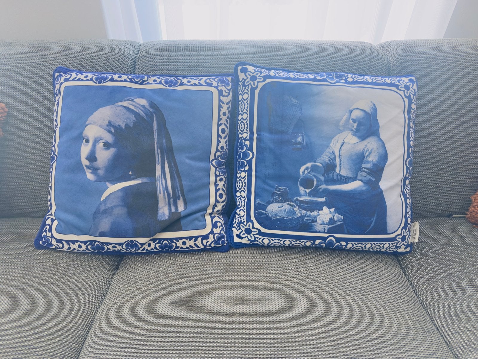 Delfts Blauw Sierkussens: Meisje met de Parel & Melkmeisje, Overige merken, Blauw, Met print, Vierkant