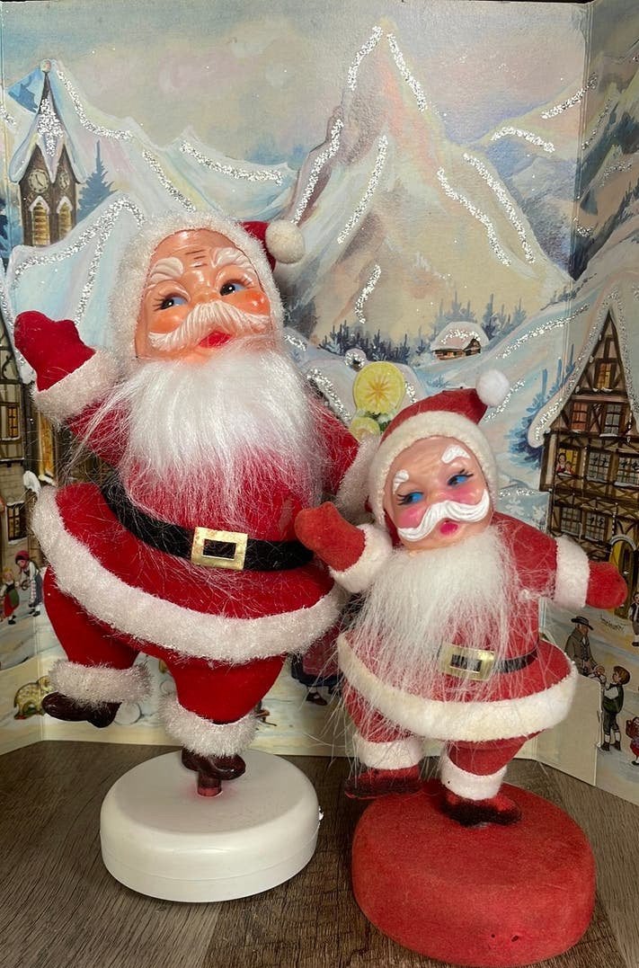 Set twee dansende flocked kerstmannen jaren’50/‘60, Ophalen of Verzenden, Gebruikt