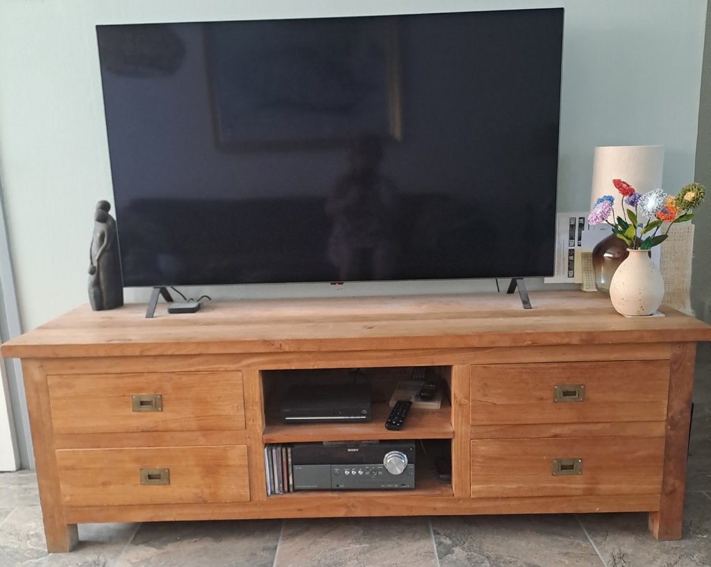 Stevig robuust Teakhouten audiomeubel, Huis en Inrichting, Kasten | Televisiemeubels, Gebruikt, Minder dan 100 cm, 150 tot 200 cm