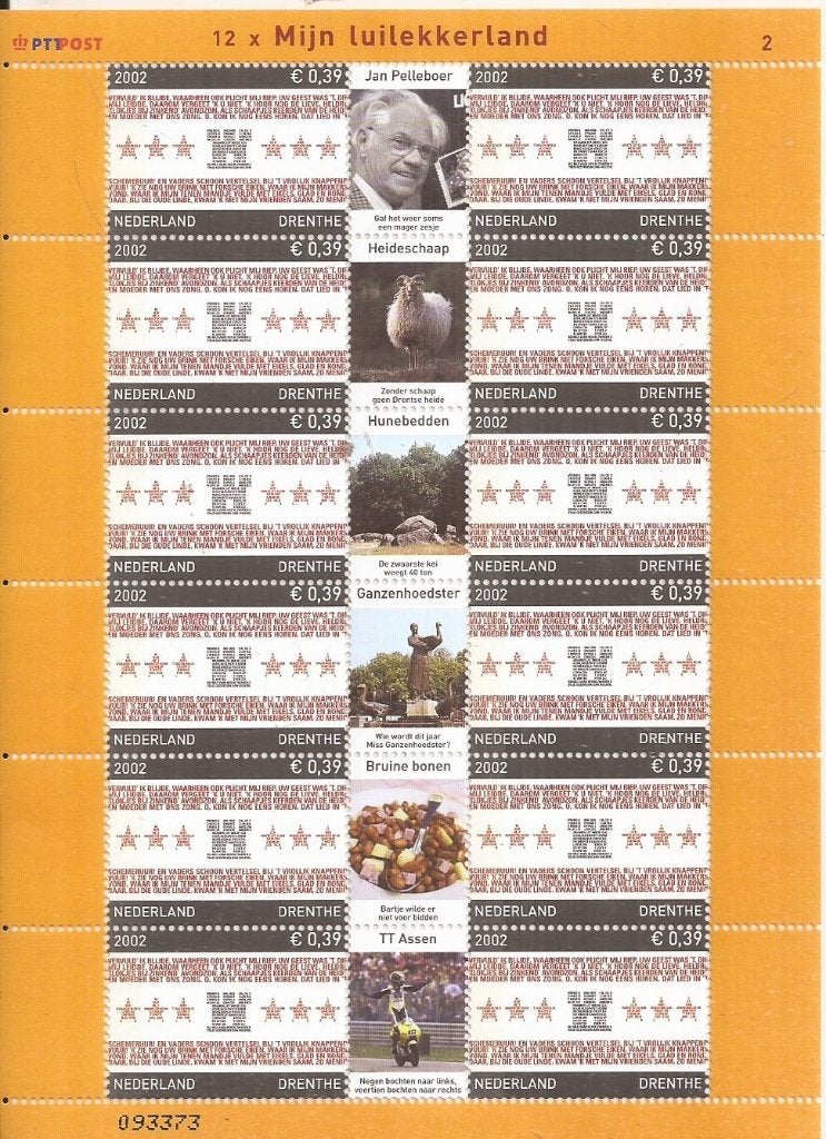 Nederland 2002 Provincievel 2 Drenthe Mijn Luilekkerland 12x, Postzegels en Munten, Ophalen of Verzenden, Na 1940, Postfris