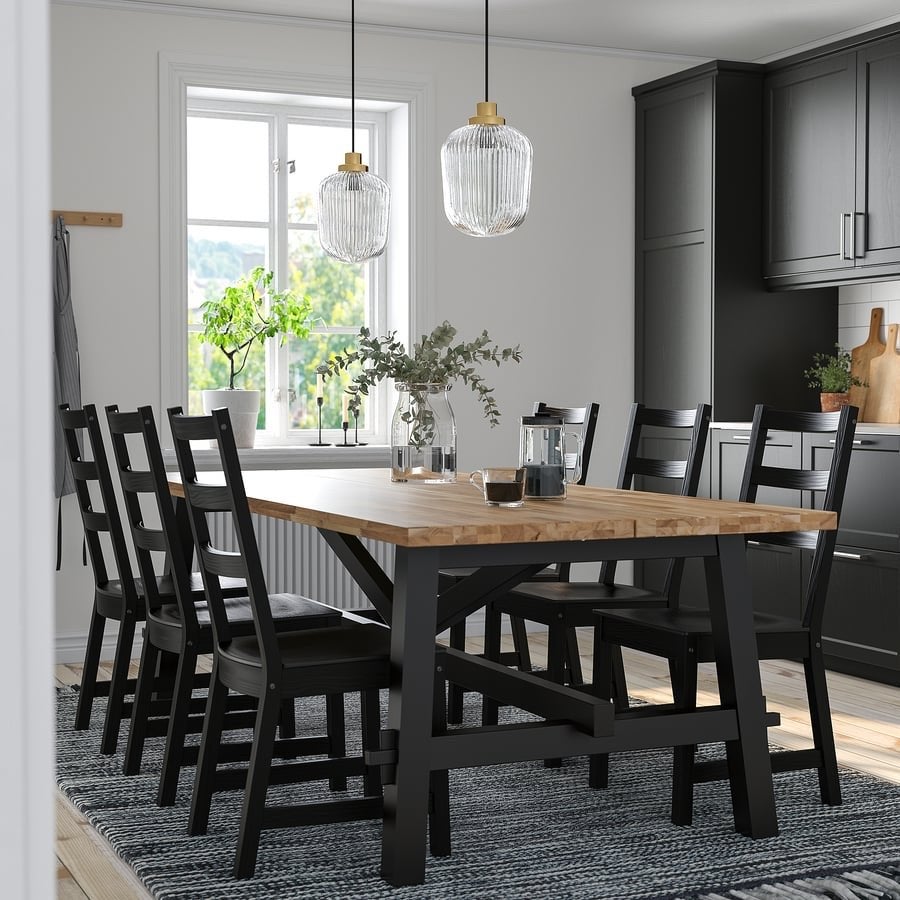 Eettafel van massief acaciahout en zwart onderstel, Huis en Inrichting, Tafels | Eettafels, Ophalen, Gebruikt, 200 cm of meer