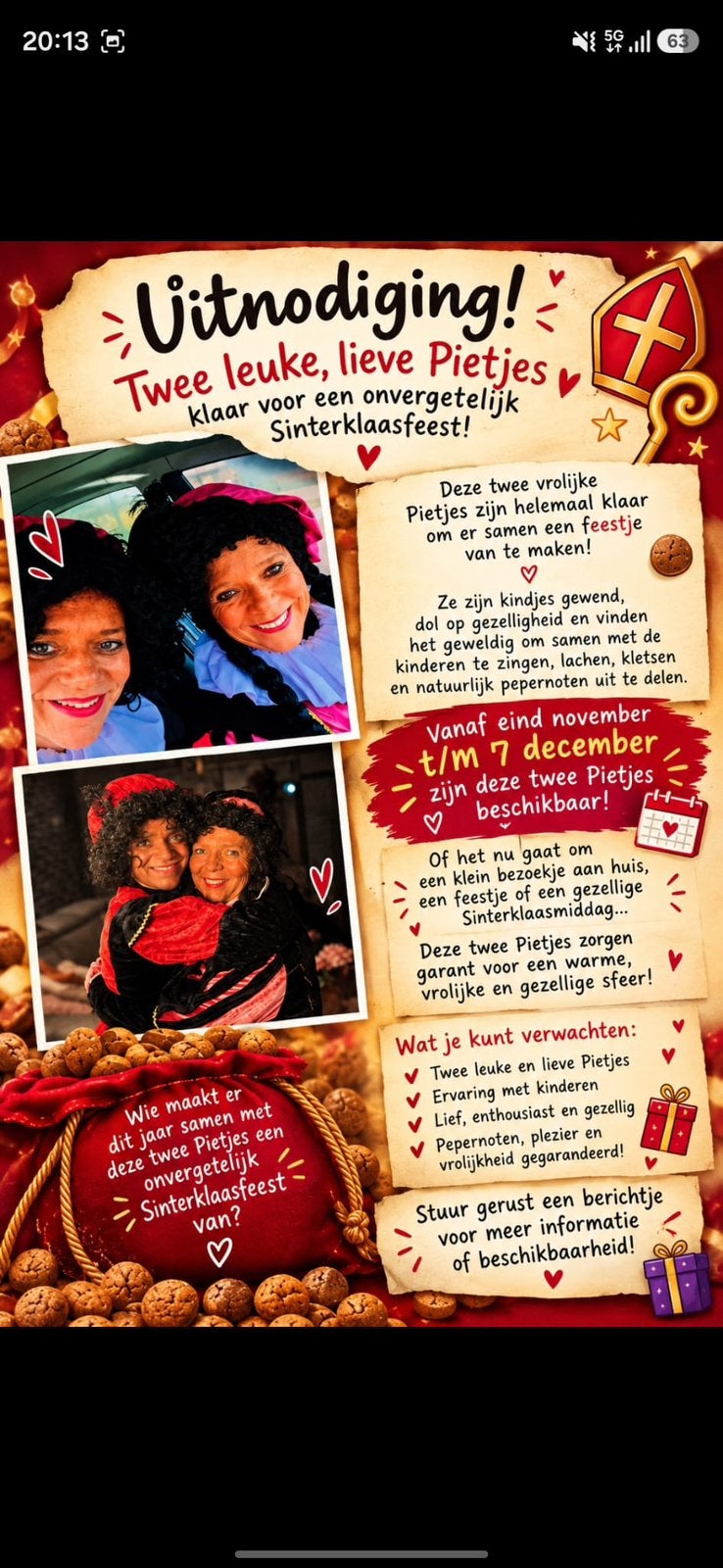 Te huur aangeboden 2 gezellige leuke pieten, Twee personen