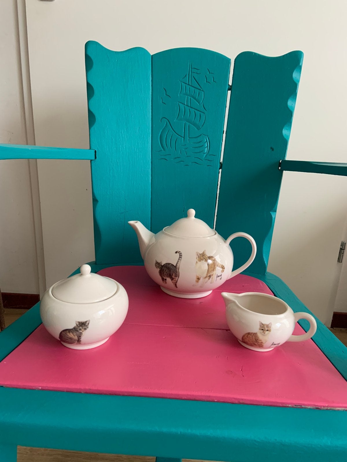 Fransiens katten theeset theepot en roomstel, Ophalen of Verzenden, Overige stijlen, Overige typen