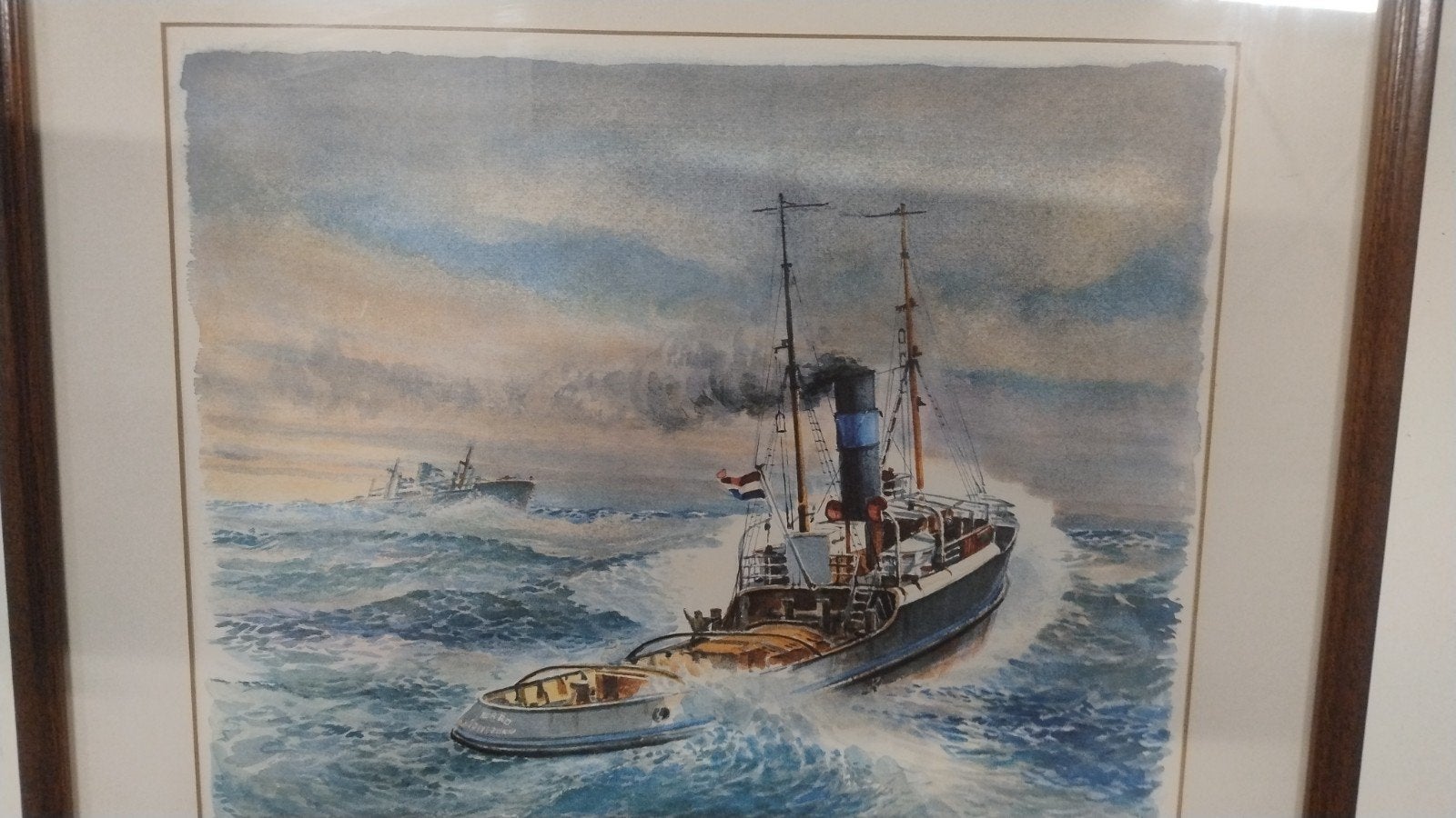 Aquarel stoomsleper Ebro 1931, gesigneerd Ad. M. Ouders, Ophalen of Verzenden