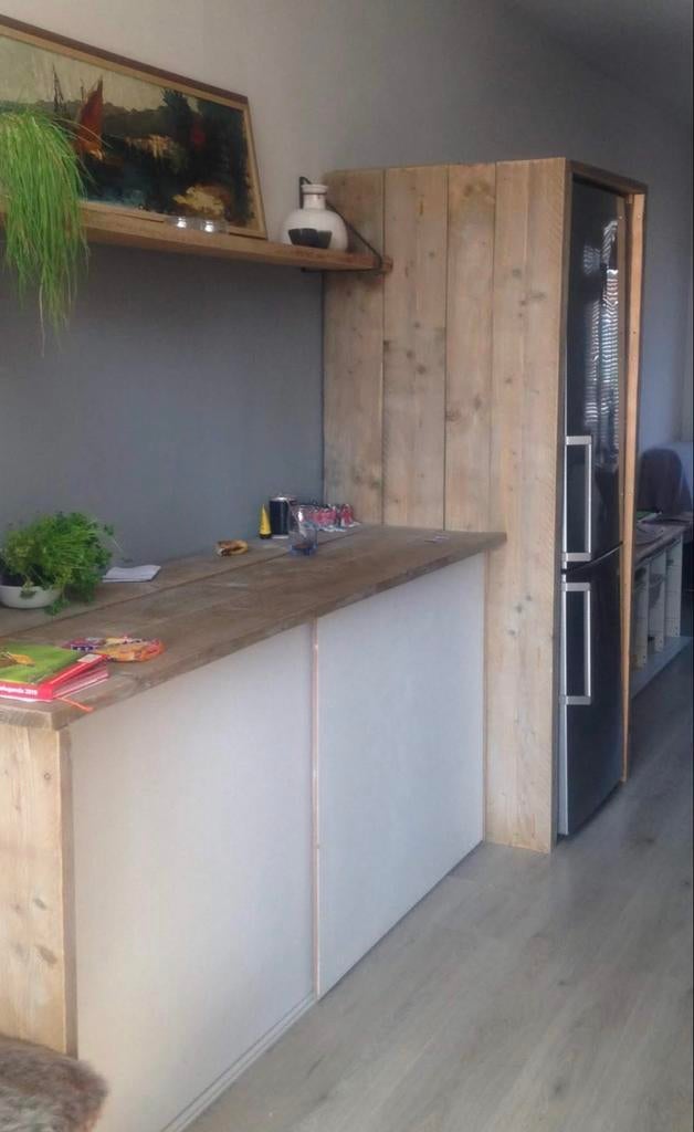 Keukenombouw steigerhout 3 meter met koelkastombouw, Huis en Inrichting, Keuken | Complete keukens, Gebruikt, Bruin, Enkelwandige keuken