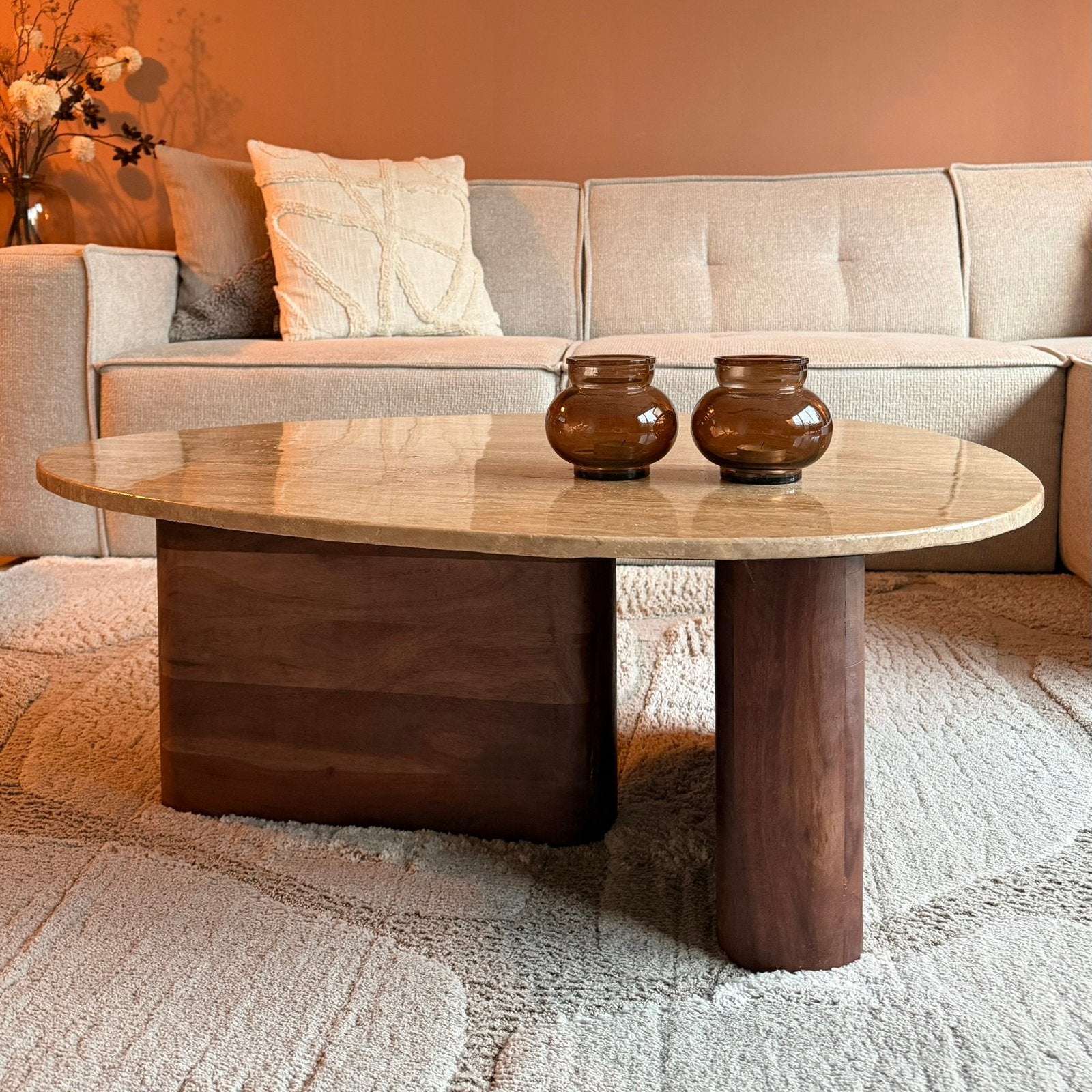 Salontafel met travertine blad Light & Living, Huis en Inrichting, Ophalen, 100 tot 150 cm, 50 tot 100 cm, Zo goed als nieuw