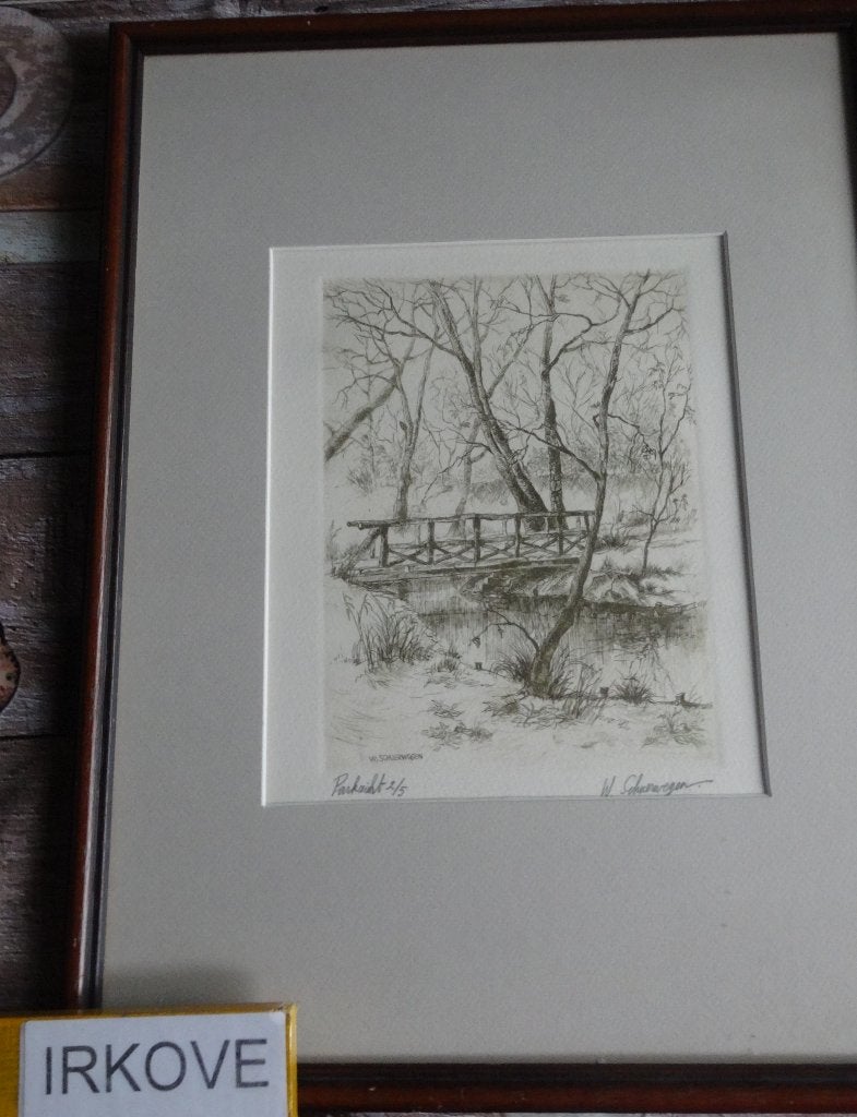 ETS * PARKZICHT BRUG * Gesigneerd W. Schuerwege*, 41 cm, Met tekst, Landschap, 21 cm