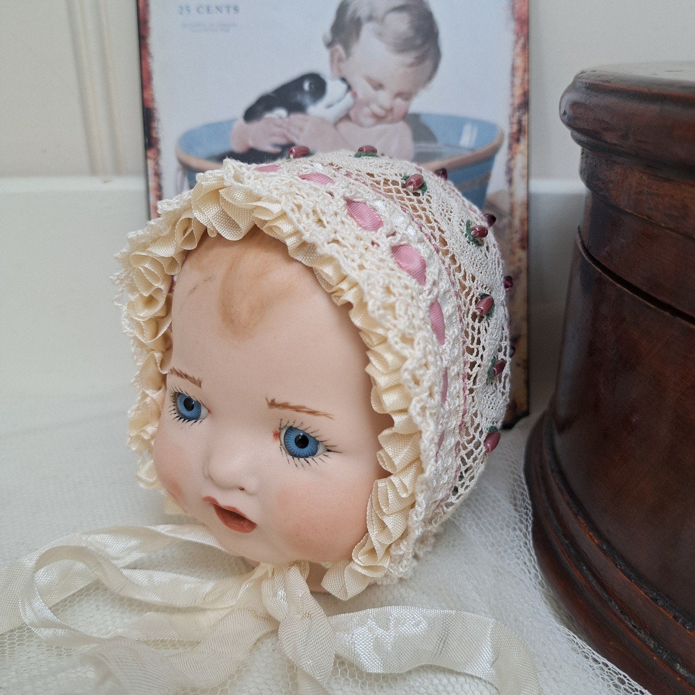 Hand gehaakt Katoen Brocante Poppen muts NIEUW, Ophalen of Verzenden
