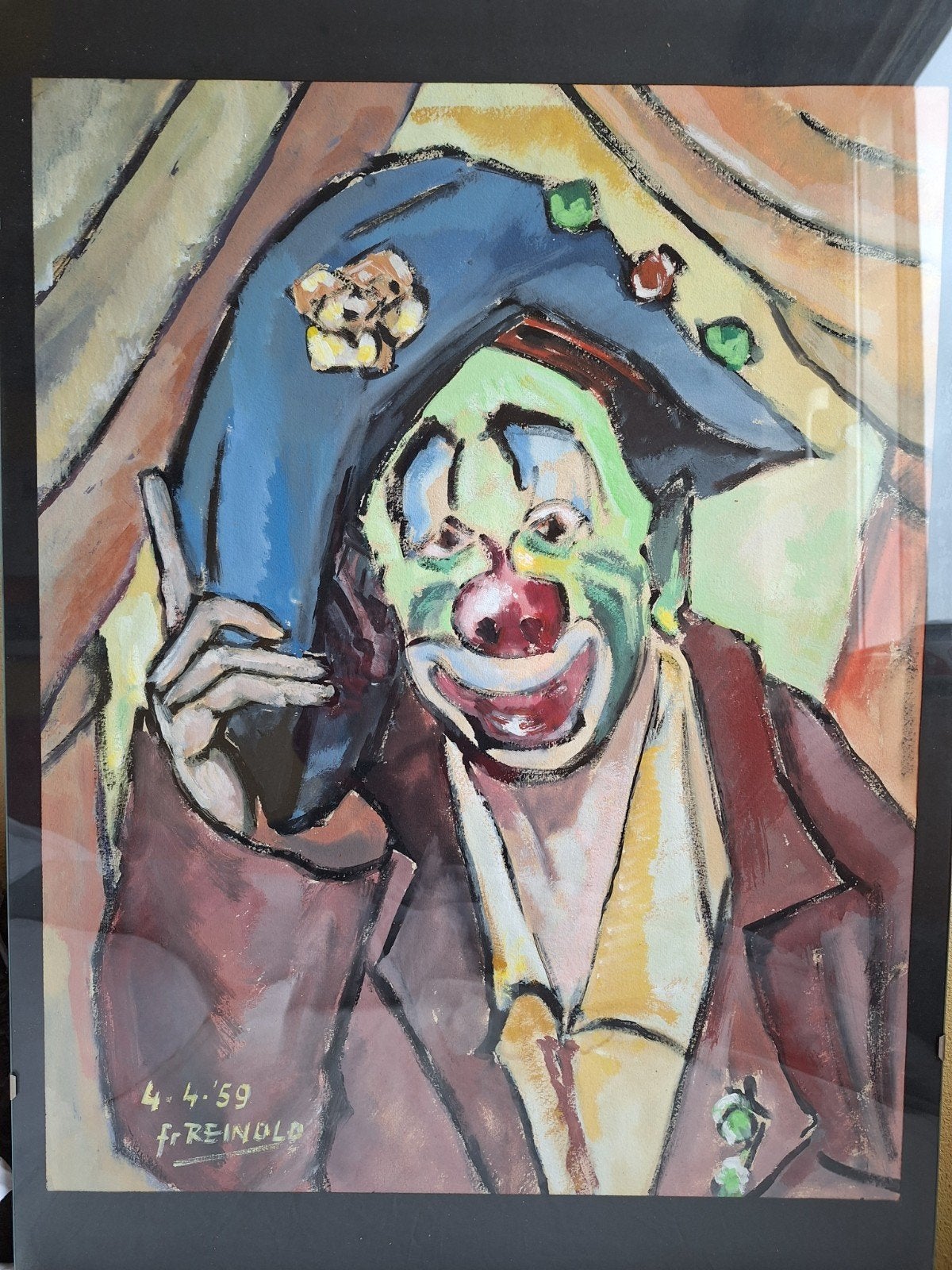 Gesigneerd schilderij 'Clown' door Fr. Reinold uit 1959, Antiek en Kunst, Ophalen of Verzenden