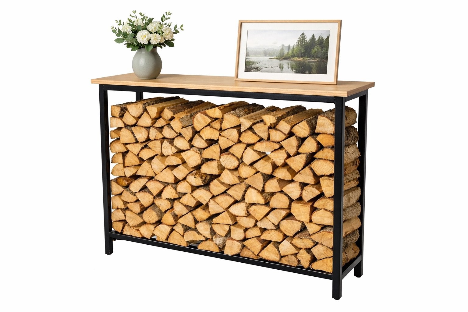 Haardhout rek met houten blad – staal, gepoedercoat, Tuin en Terras, Minder dan 3 m³, Ophalen, Overige houtsoorten, Blokken