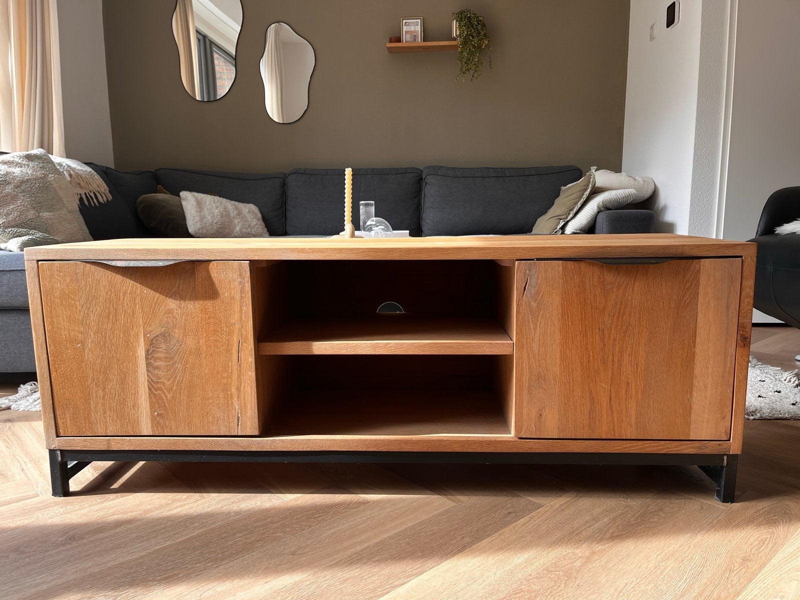 MAX TV-meubel grijs eiken - Goossens Wonen, Ophalen, Gebruikt, 100 tot 150 cm, Eikenhout