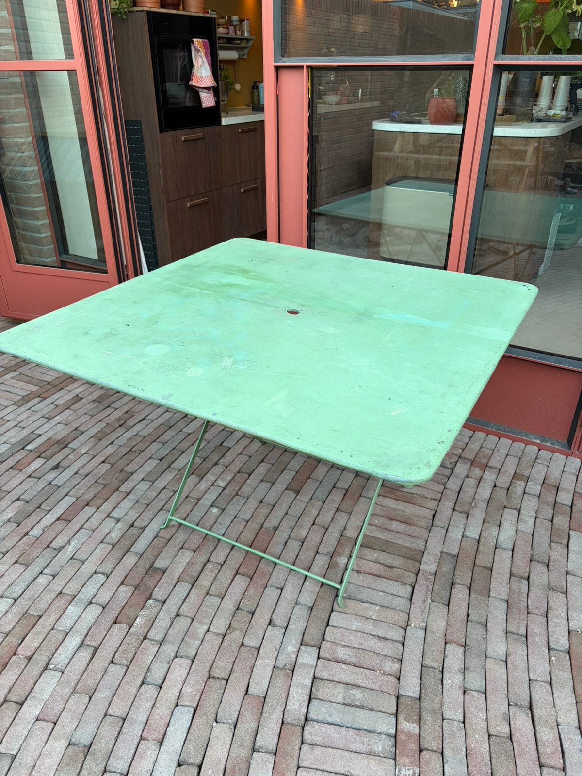 Brocante groene tuintafel, Ophalen, Gebruikt, Vierkant, Metaal