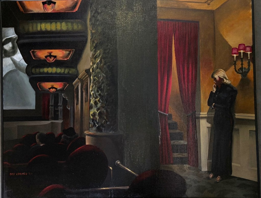 Schilderij 'New York Movie' in stijl van Edward Hopper, Portret of Personen, Realistisch, Olieverf, Ingelijst