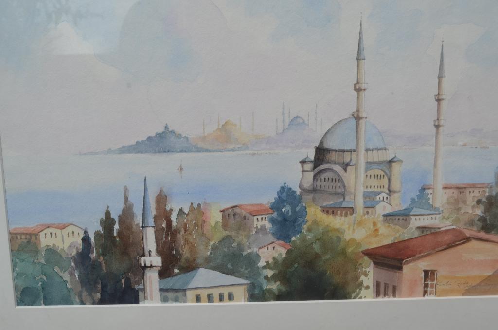 Aquarel van een moskee, gesigneerd en gedateerd, Antiek en Kunst, Kunst | Schilderijen | Klassiek, Ophalen of Verzenden