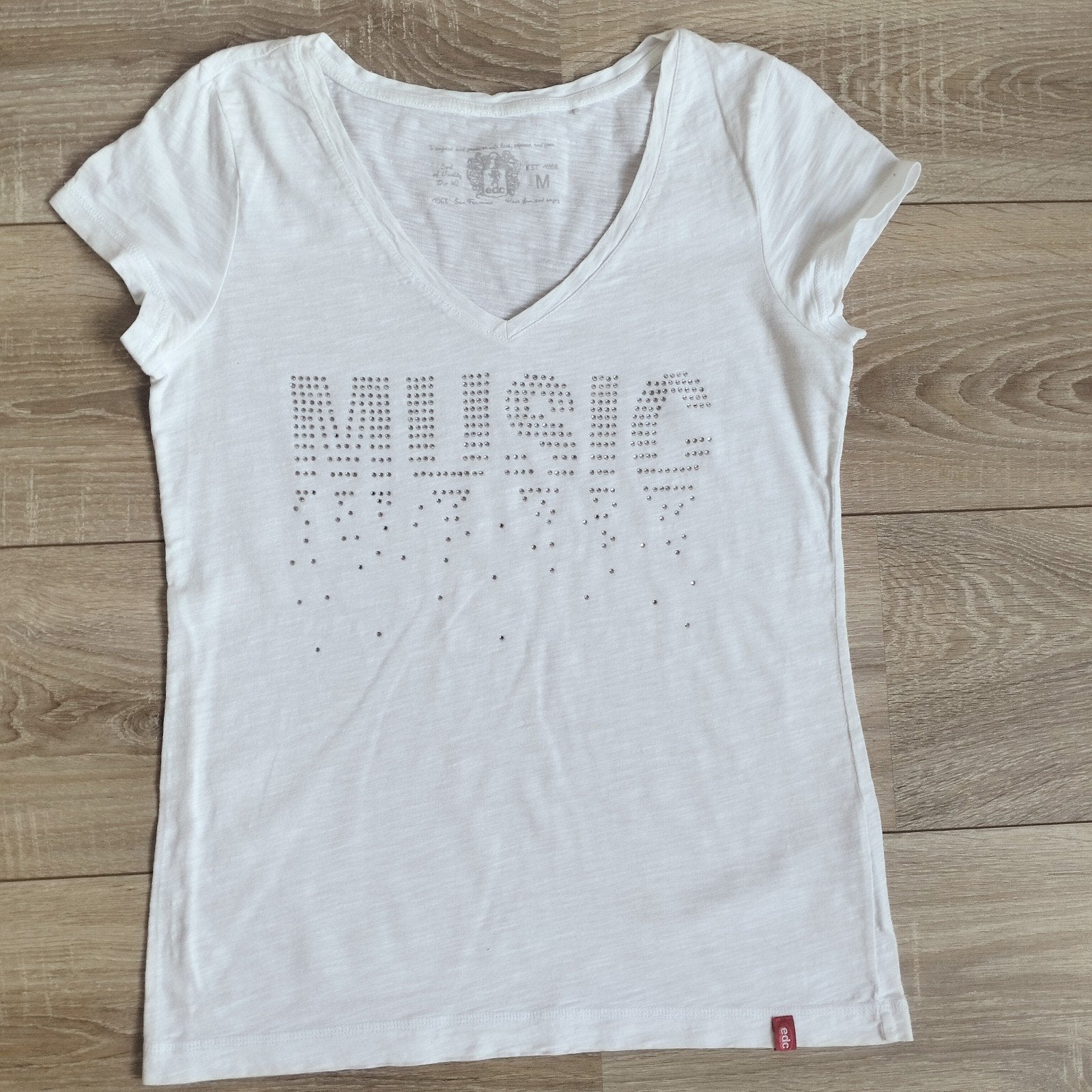 EDC shirt/top wit korte mouwen mt m music met strass steentj, Maat 38/40 (M), Wit, Ophalen of Verzenden, EDC by Esprit