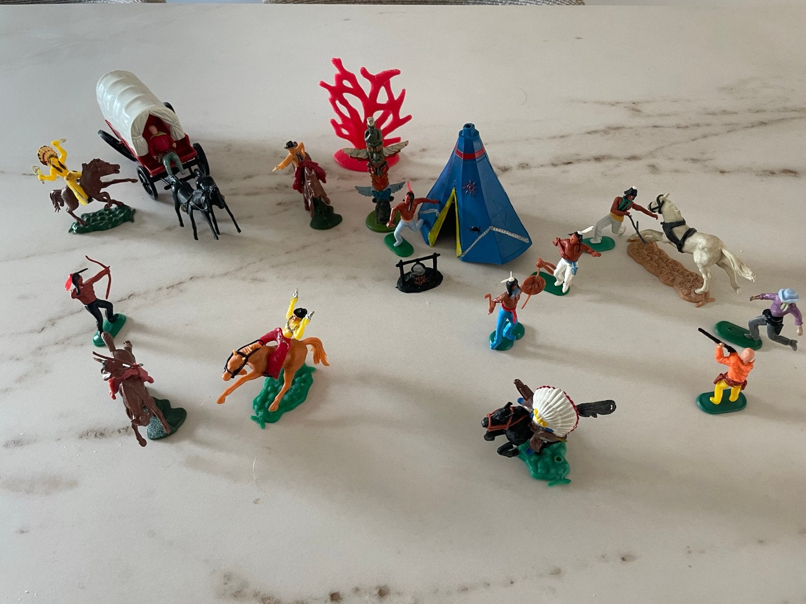Vintage Indianen en Cowboys Speelset - Koets, Tent, Figuren, Ophalen, Gebruikt