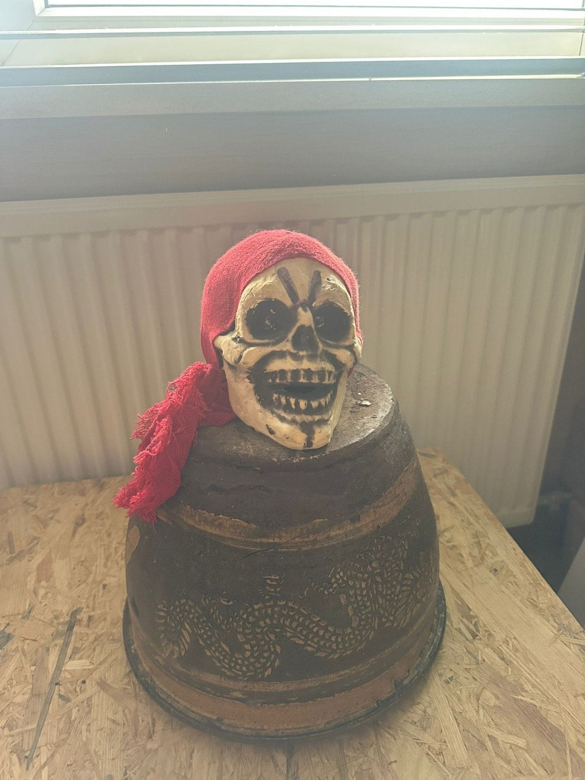 Decoratieve schedel met rode doek op houten pot, Ophalen of Verzenden