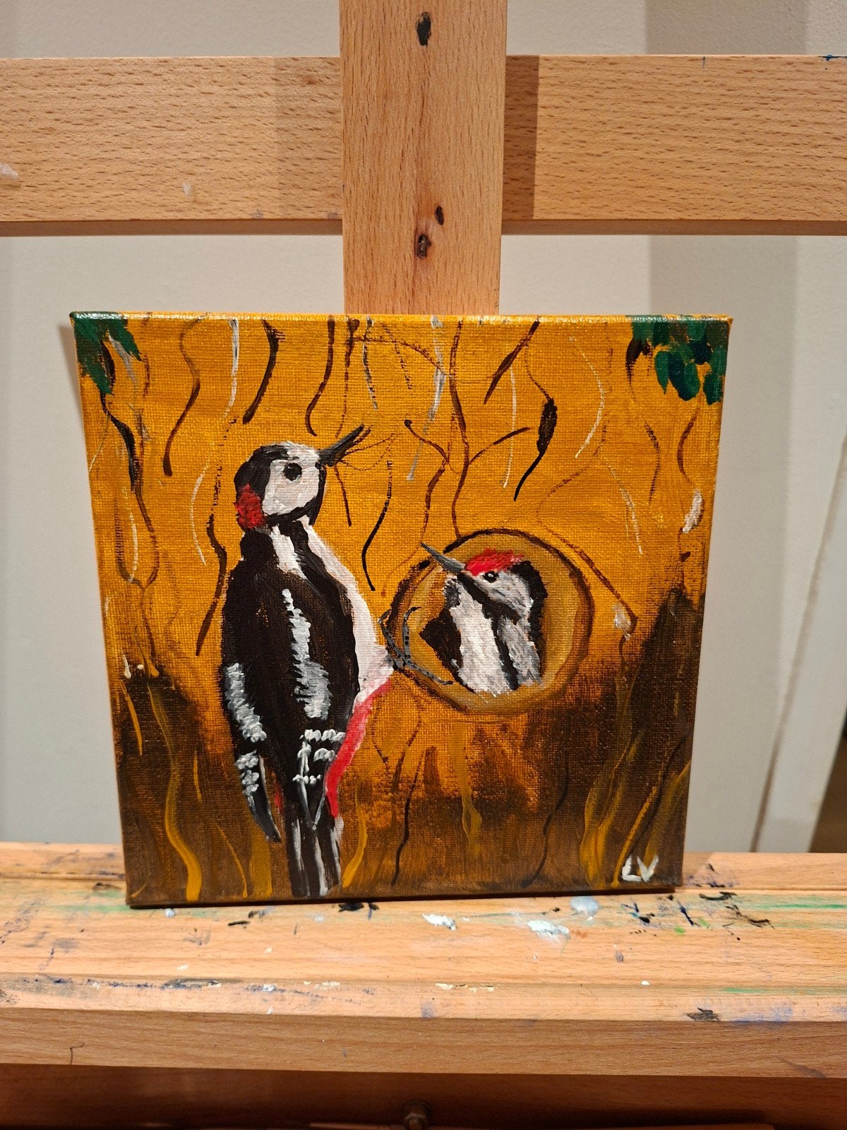 Spechtenfamilie - 20x20 cm acrylverf op canvas, Ophalen of Verzenden