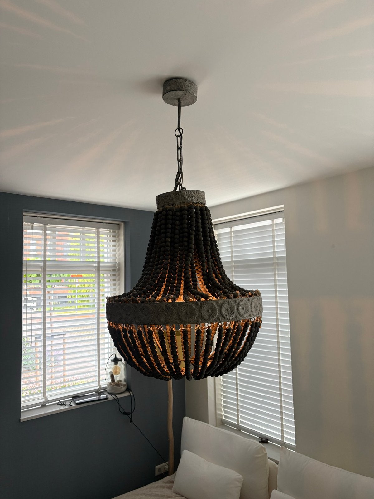 Houten kralen kroonluchter - Boheemse stijl, Huis en Inrichting, Ophalen, Zo goed als nieuw, Hout