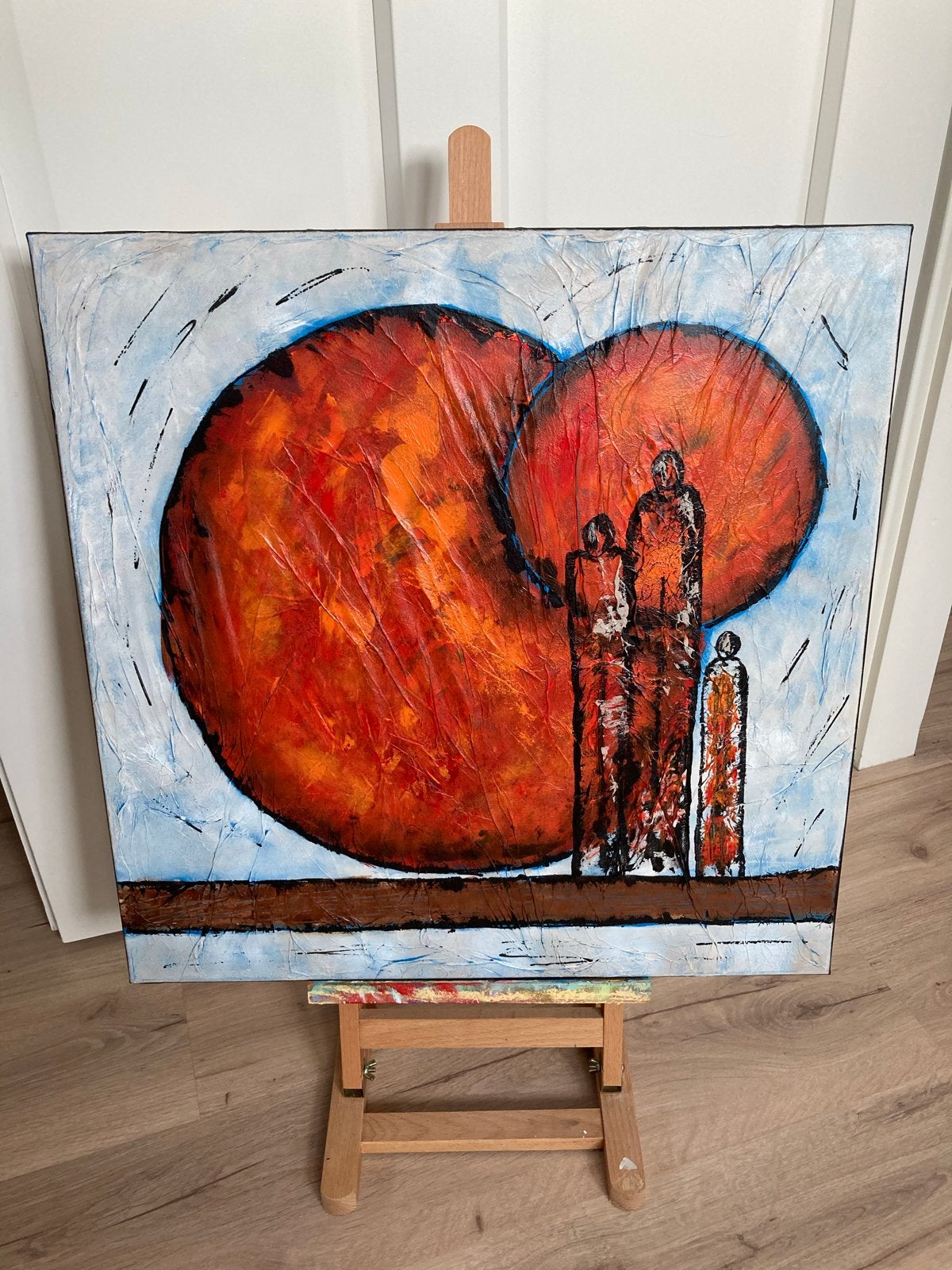 Abstract rode maan schilderij, Figuren, Handgeschilderd, Ophalen of Verzenden, Gemengde techniek