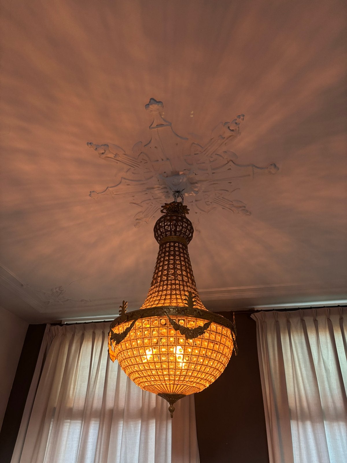 Prachtige Antieke Kroonluchter met Kristallen, Huis en Inrichting, Lampen | Kroonluchters, Ophalen, Gebruikt, Glas, E14 (klein)