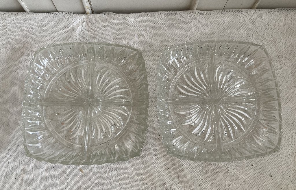 2x Brocante glazen schaal met 4 vakken - serveerschaal, Ophalen