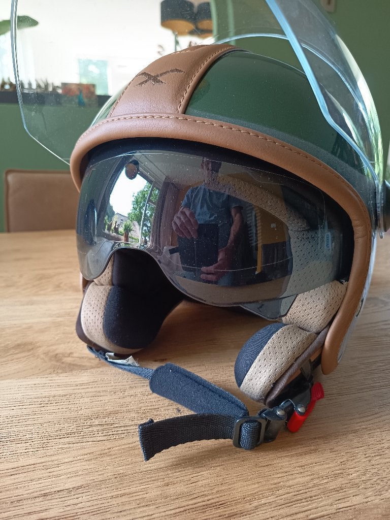 ALS NIEUW! - Retro open helm met vizier en zonneklep - GROEN, Ophalen of Verzenden, Zo goed als nieuw, Medium