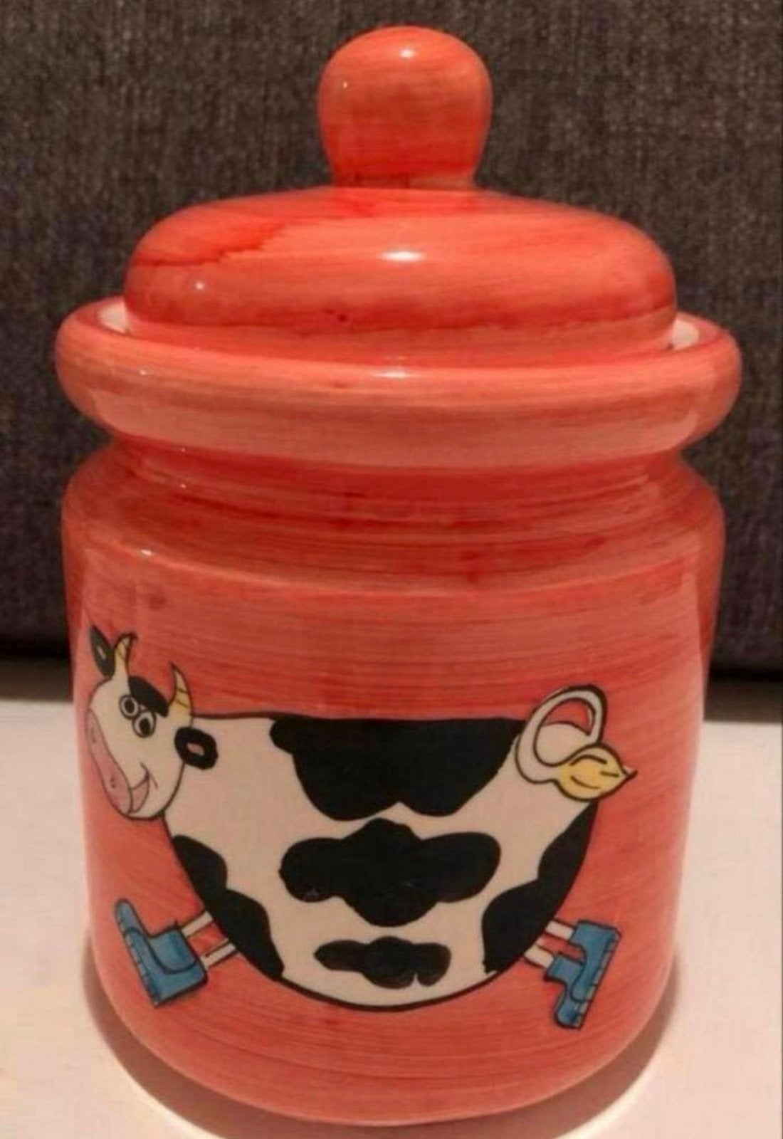 Grote roze voorraadpot met vrolijke koe - Aardewerk, Ophalen of Verzenden, Zo goed als nieuw, Voorraadpot, Roze