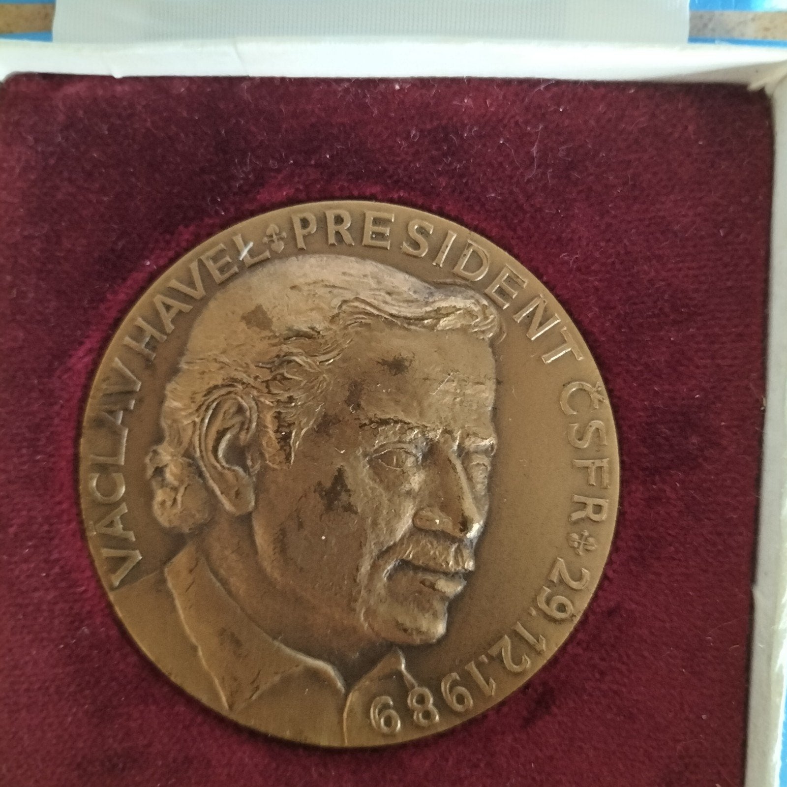Václav Havel President CSFR 1989 Medaille in doosje, Ophalen of Verzenden, Brons, Buitenland