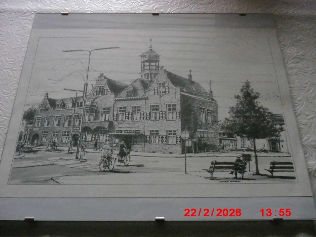 TEKENING 2 HET OUDE GEMEENTEHUIS  RIDDERKERK, Antiek en Kunst, Ophalen, Tekening, Achter glas
