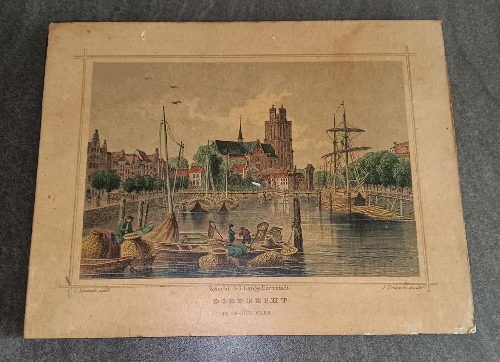 Ingekleurde gravure op hout - Dordrecht stadsgezicht, Antiek en Kunst, Kunst | Etsen en Gravures, Handgekleurd, 1800 - 1899, Stadsgezicht
