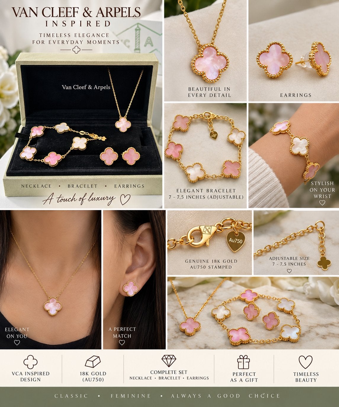 VCA Inspired Set 18K Goud Wit & Licht Roze Klaver, Sieraden, Tassen en Uiterlijk, Ophalen of Verzenden, Nieuw, Roze, Goud