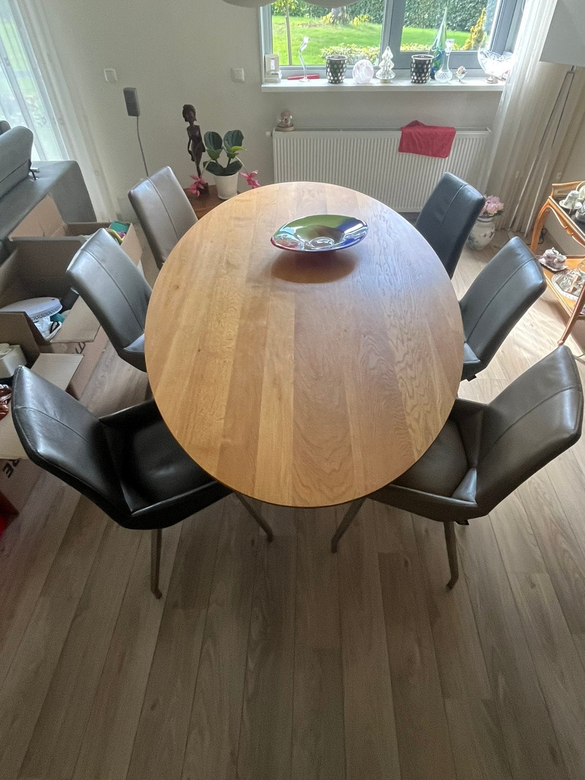 Eettafel met 6 stoelen, Huis en Inrichting, Tafels | Eettafels, Ophalen, Zo goed als nieuw, 200 cm of meer, Eikenhout