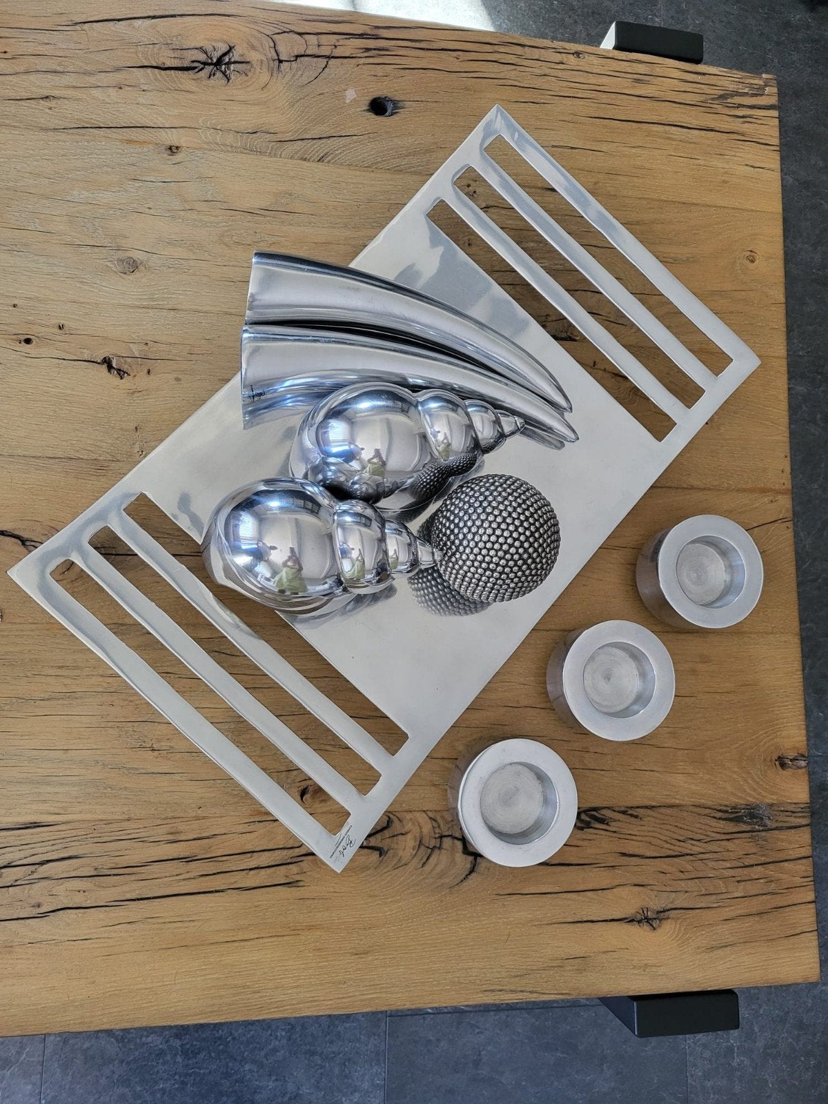 Decoratieve schaal met zilverkleurige accessoires, Ophalen, Zo goed als nieuw, Zilver, Metaal