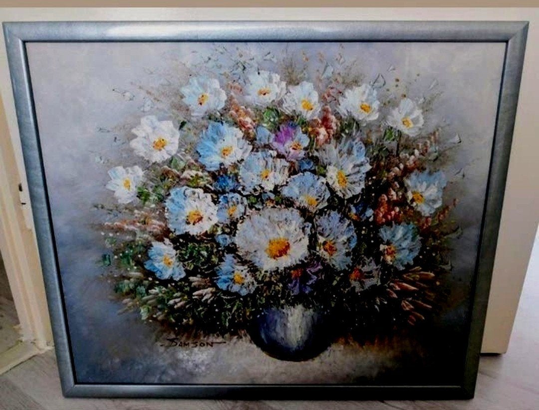 Olieverfschilderij Eddy Samson - Bloemen in vaas, Ophalen of Verzenden