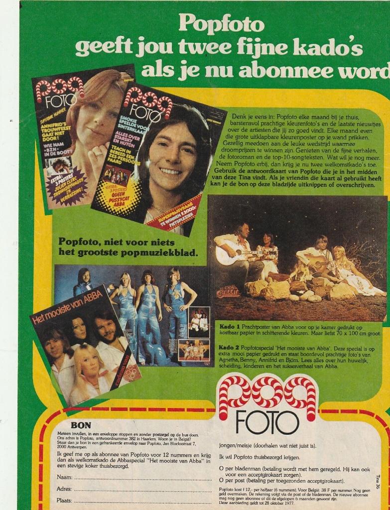 Retro reclame 1977 Popfoto abonnement Abba prachtposter, Verzamelen, Verzenden, Overige typen