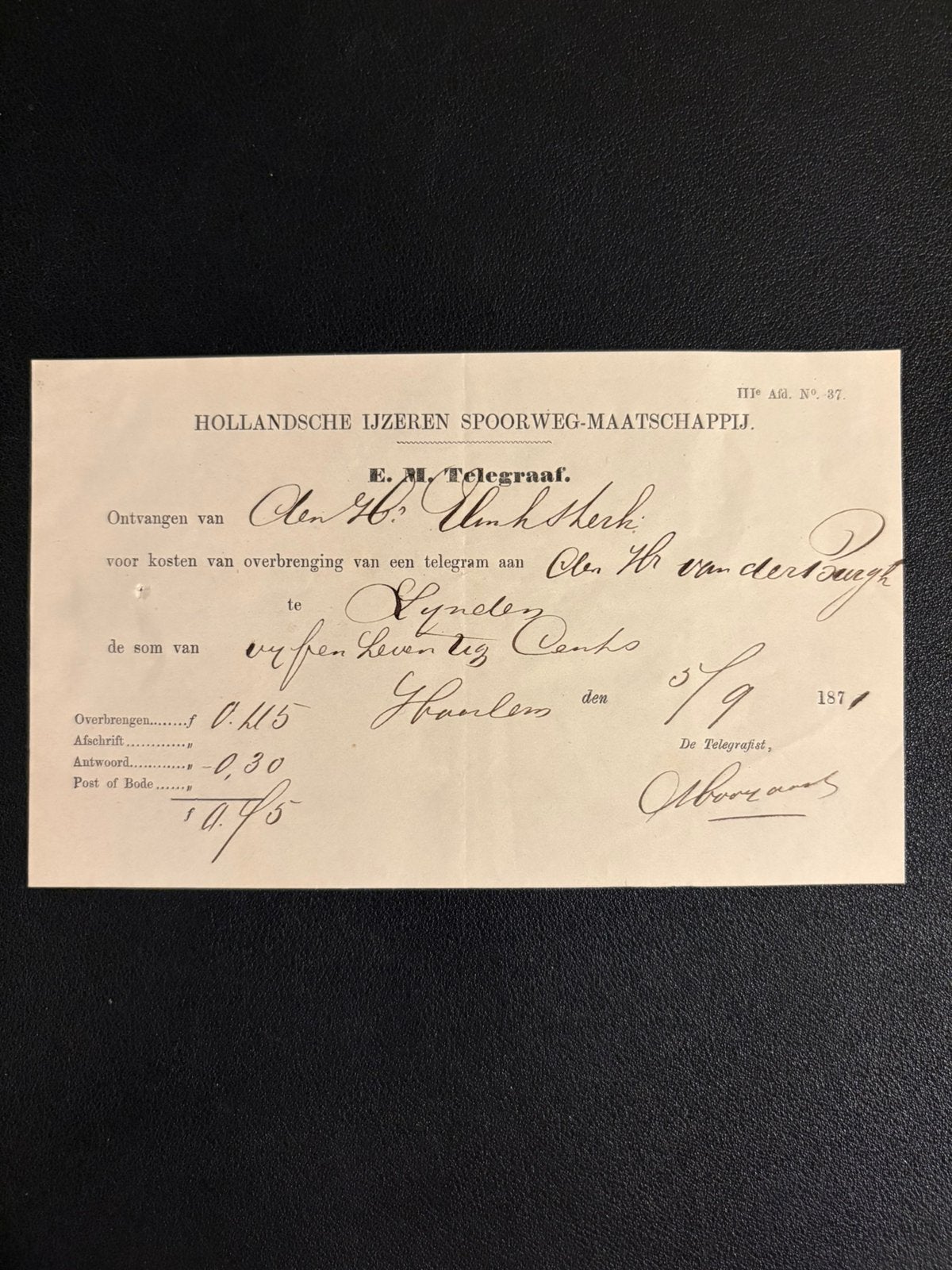 Kwitantie HIJSM verzenden telegram (5 september 1871), Verzamelen, Ophalen of Verzenden, Gebruikt, Trein