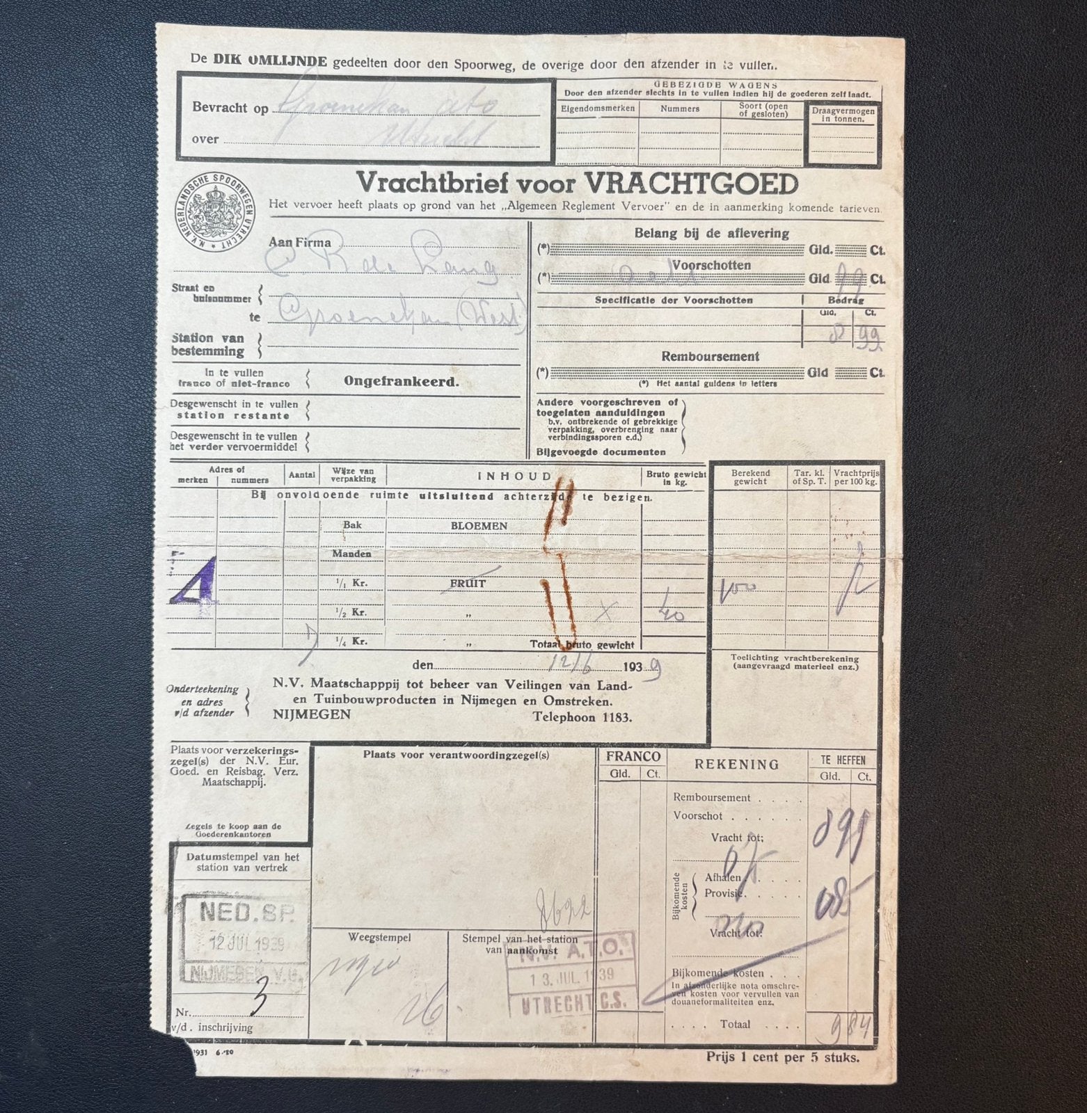 Vrachtbrief bloemen van Nijmegen naar Utrecht (1939), Ophalen of Verzenden, Gebruikt, Trein