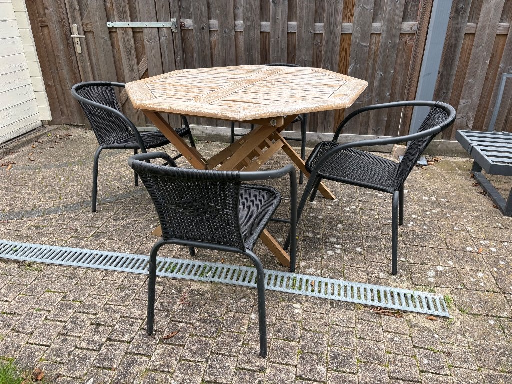 Tuinset met 4 stoelen en houten tafel, Tuin en Terras, Ophalen, 4 zitplaatsen, Gebruikt, Tuinset