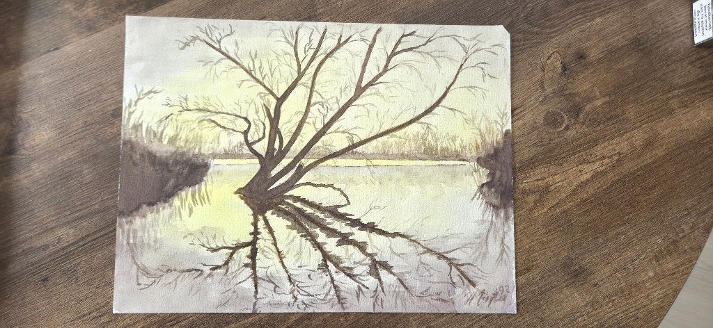 Boom in de biesbosch, Ophalen, Landschap, Klassiek, Aquarel