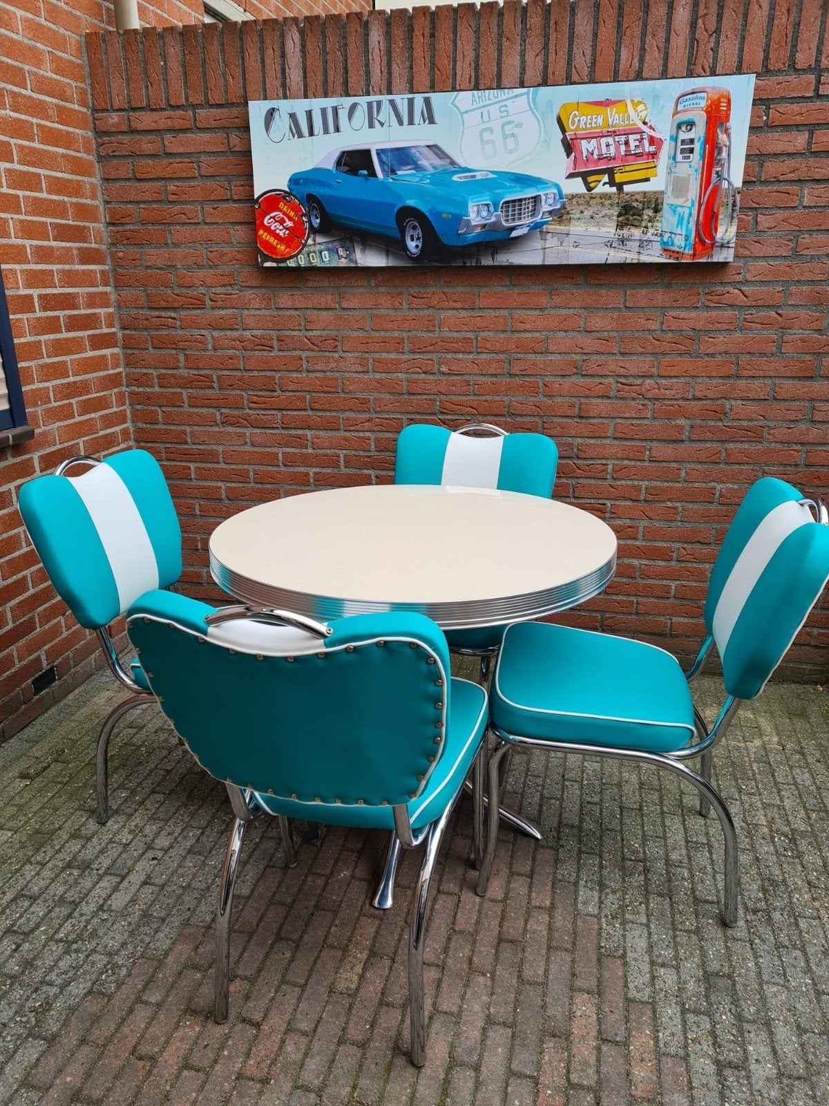 FIFTIES SIXTIES BEL AIR DINER STOELEN MET TAFEL AMERIKAANS, Huis en Inrichting, Ophalen, Blauw, Overige materialen, Vier
