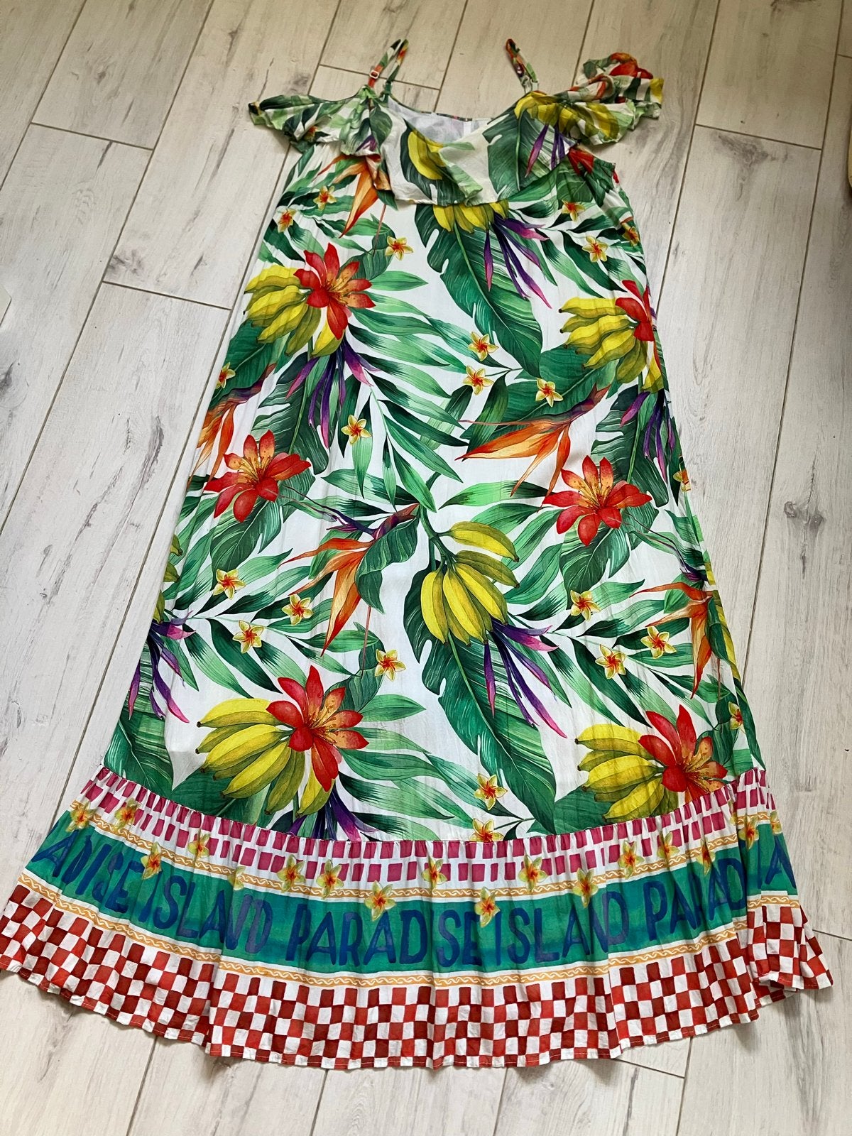 Zomerse maxi-jurk met tropische print en ruches, Meerkleurig, Maat 46/48 (XL) of groter, Ophalen of Verzenden, Zo goed als nieuw