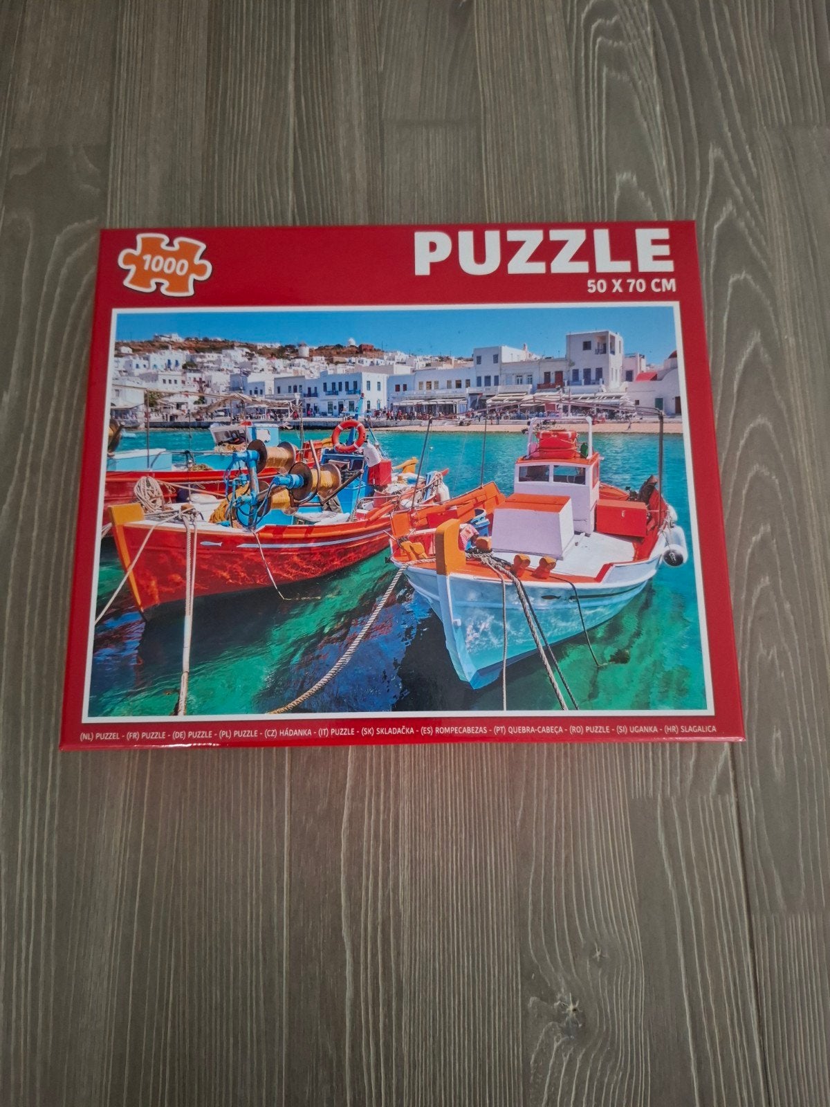 legpuzzel 1000 stukjes - Griekse haven met boten, Ophalen of Verzenden, 500 t/m 1500 stukjes, Zo goed als nieuw, Legpuzzel