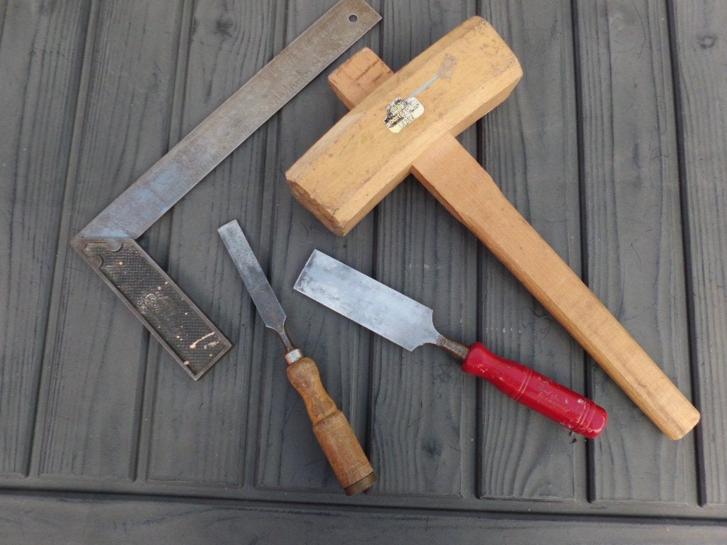 Nooitgedacht, Beitel, schrijfhaak, houten hamer,, Ophalen of Verzenden, Gebruikt, Beitel, Nooitgedacht