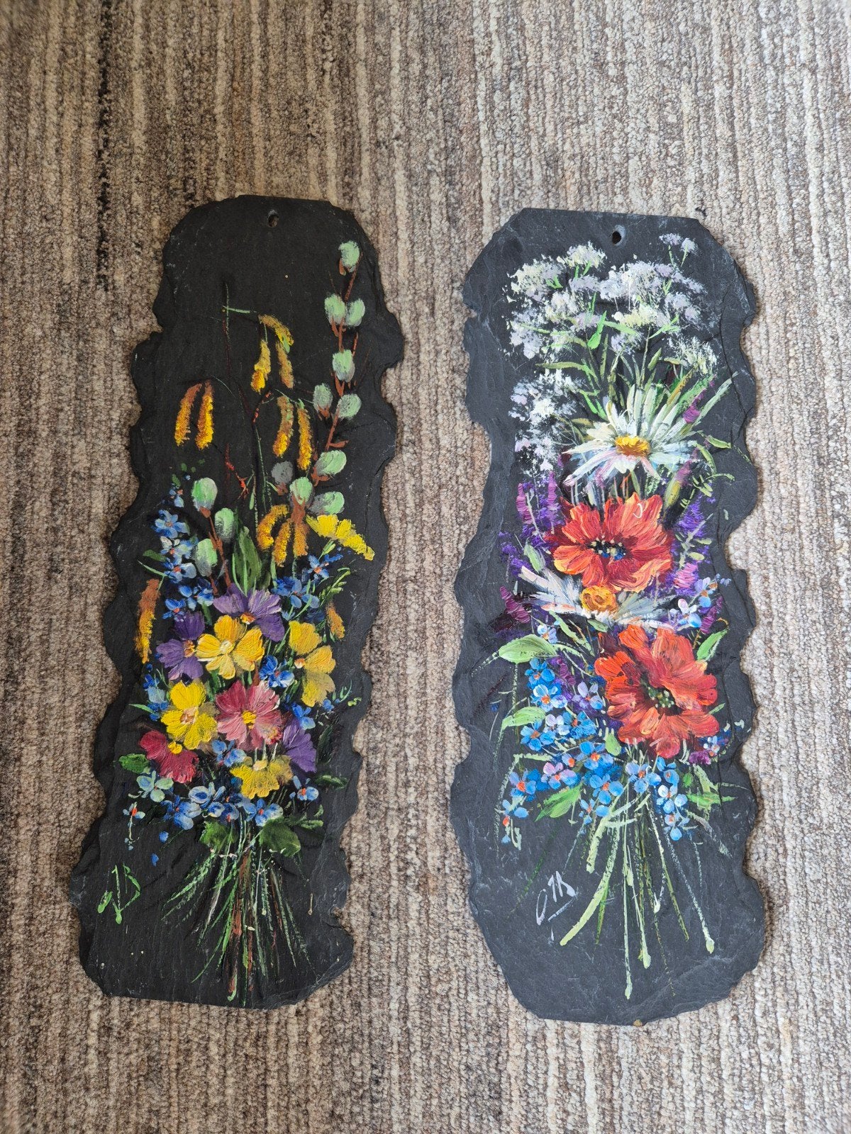 Twee vintage lei stenen handbeschilderd wandbeelden, Ophalen of Verzenden