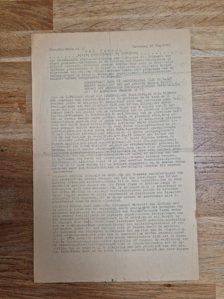 Wo2 illegale pers verzetskrant Het Parool, 27 januari 1945, Ophalen of Verzenden, Nederland, Boek of Tijdschrift
