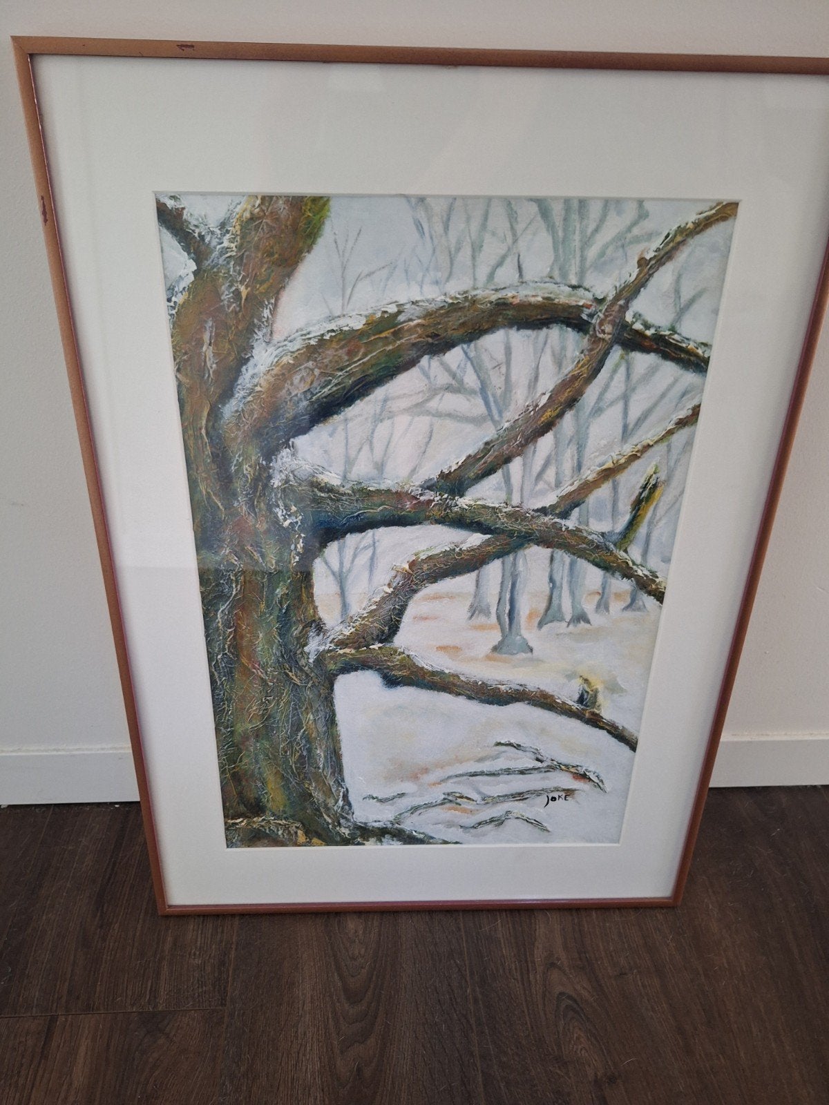Gesigneerd schilderij 'Winterbos' door Joke, Ophalen