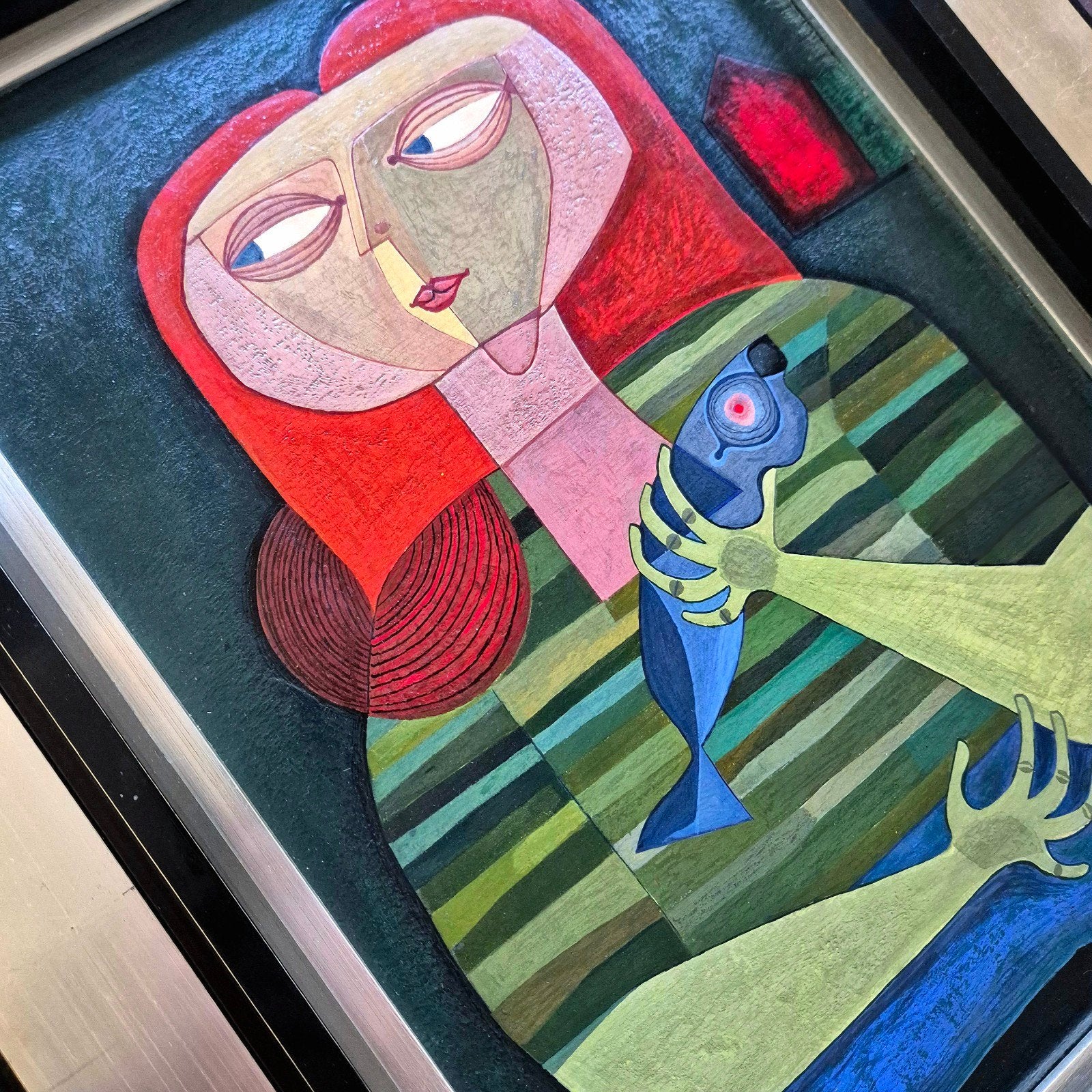 Gèr Huntjens: Vrouw met Blauwe Vis -Meesterwerk (1956), Figuren, Ophalen of Verzenden, Olieverf, Gesigneerd