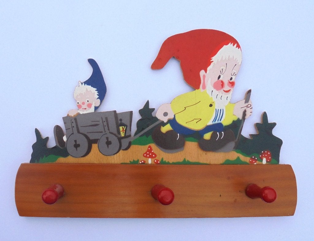 Vintage houten kinderkapstok kabouters bolderkar, jaren 60., Gebruikt, Ophalen of Verzenden, Minder dan 100 cm, Kinderkapstok